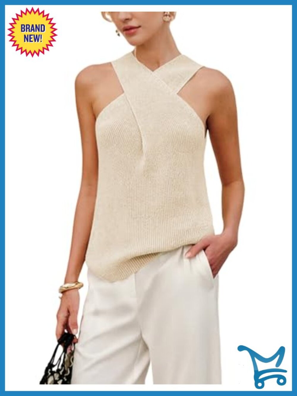 Halter Neck Cross Front Ribbed Knit Tank Top Sleeveless Casual Summer Blouse